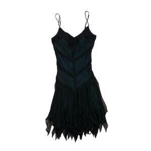 Sue Wong Black and Deep Teal Spaghetti-Strap Midi Dress